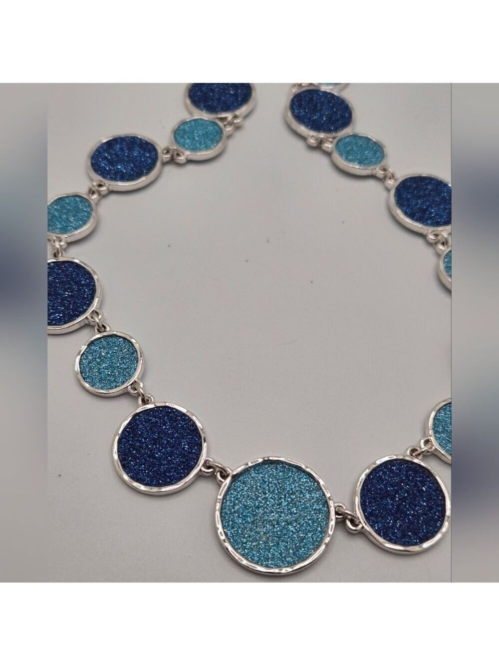 Blue Druzy Quartz Necklace Silver Tone Signed SUNG 16" +3"